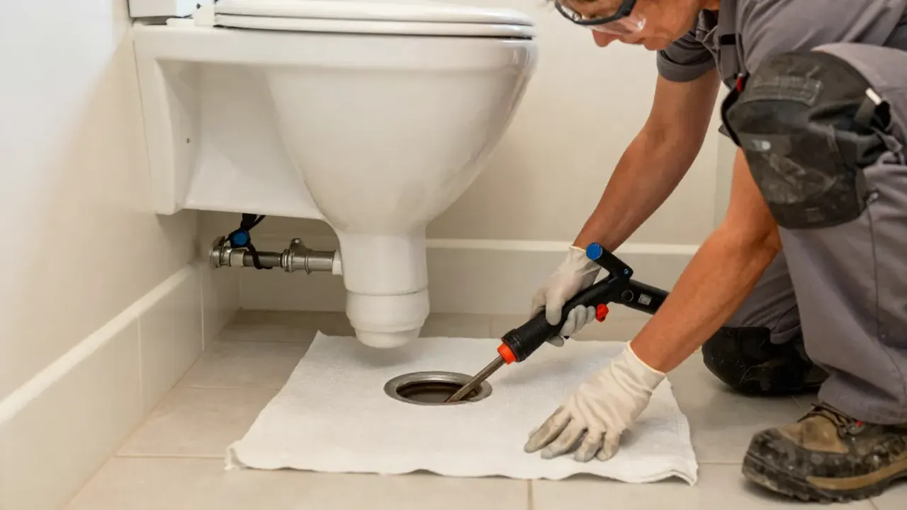 Drain Cleaning in Bradenton, Florida: drain cleaning technician is carefully placing a protective drop cloth on a bathroom