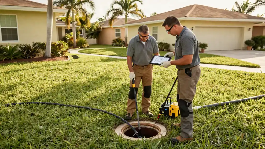 Drain Cleaning in Bradenton, Florida: drain cleaning technician is conversing with a homeowner in their front yard, standing