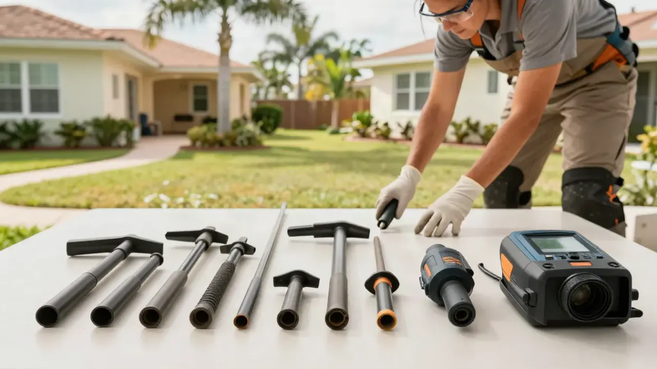 Drain Cleaning in Bradenton, Florida: detail shot of various sizes of drain snake cutting heads and augers neatly organized